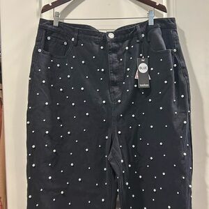 NWT BooHoo high waisted wide leg Pearled Embellished black Jeans plus size 20